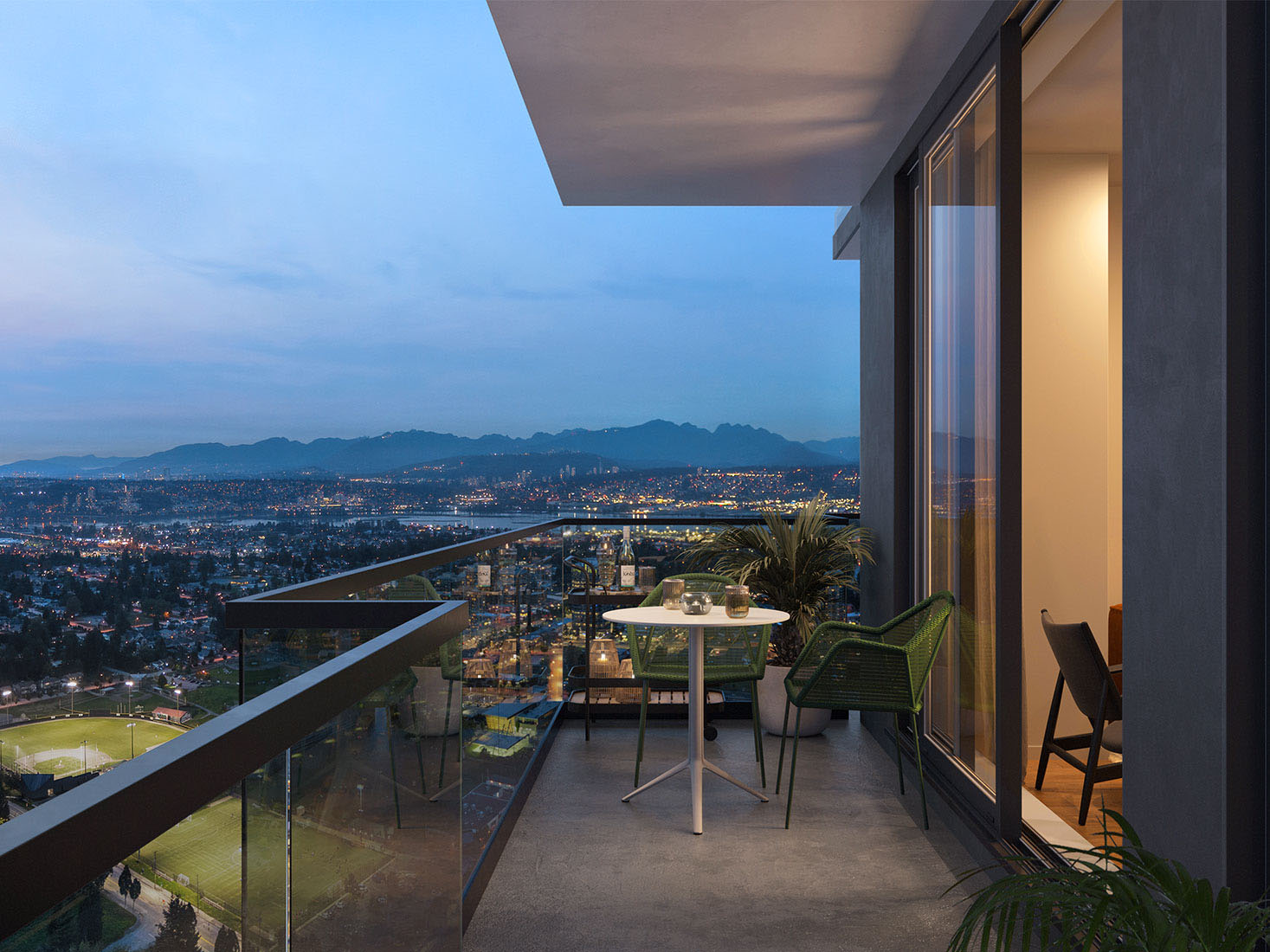 Big balconies off living rooms open to major mountain or city views